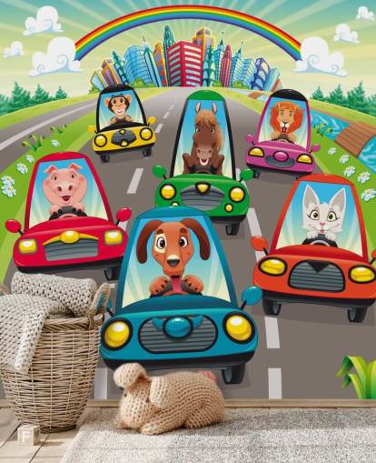 Cartoon Animals Driving Wall Mural Cartoon Animals Driving Wall Mural