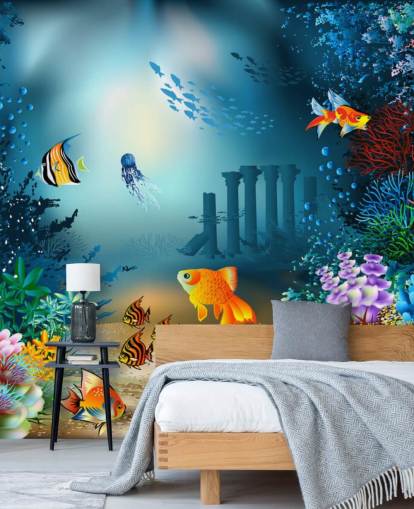 colorful sea life wallpaper mural called Underwater World for kids bedrooms and playrooms