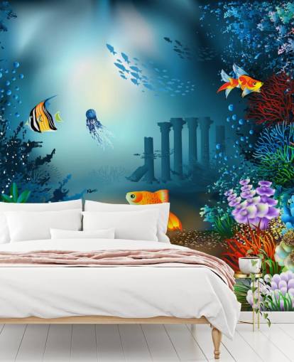 mural colorido de papel de parede de vida marinha chamado Underwater World para crianças, quartos e salas de jogos