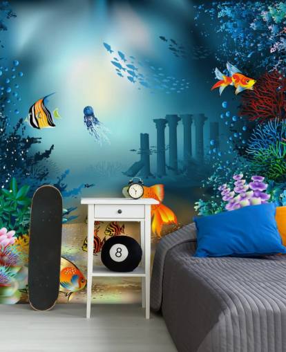 kleurrijke muurschildering met zeeleven genaamd Underwater World voor kinderkamers en speelkamers