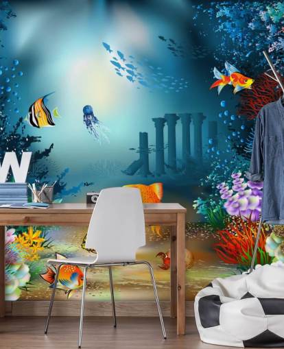 mural colorido de papel pintado de vida marina llamado Underwater World para dormitorios de niños y salas de juegos