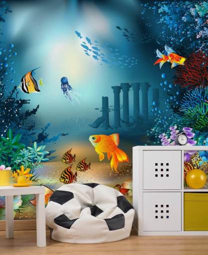 murale di carta da parati colorato con vita marina chiamato Underwater World per camerette e sale giochi per bambini
