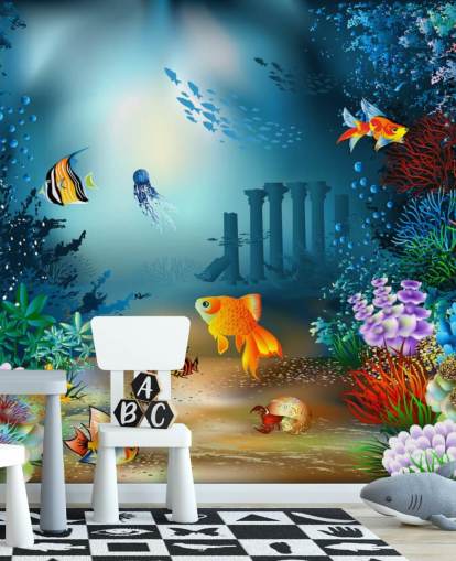 colourful sea life wallpaper mural called Underwater World for kids bedrooms and playrooms