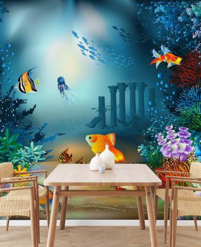 colorful sea life wallpaper mural called Underwater World for kids bedrooms and playrooms