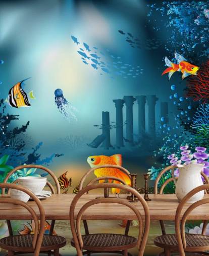 mural colorido de papel pintado de vida marina llamado Underwater World para dormitorios de niños y salas de juegos