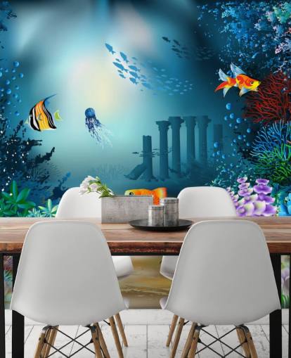 mural colorido de papel de parede de vida marinha chamado Underwater World para crianças, quartos e salas de jogos mural colorido de papel de parede de vida marinha chamado Underwater World para crianças, quartos e salas de jogos