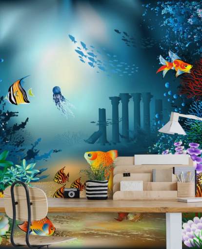 mural colorido de papel pintado de vida marina llamado Underwater World para dormitorios de niños y salas de juegos