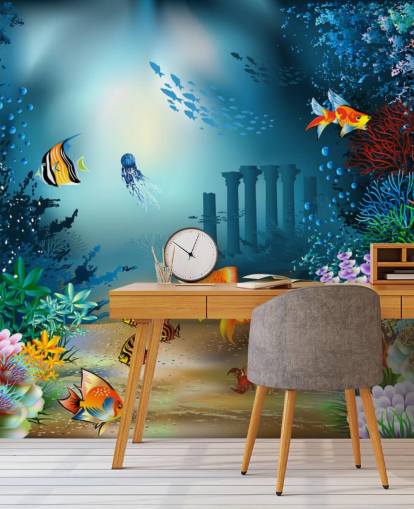 colorful sea life wallpaper mural called Underwater World for kids bedrooms and playrooms colorful sea life wallpaper mural called Underwater World for kids bedrooms and playrooms