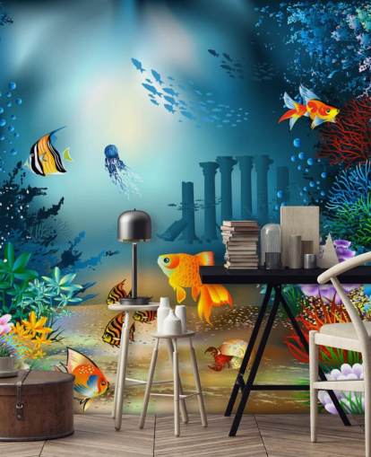 colorful sea life wallpaper mural called Underwater World for kids bedrooms and playrooms