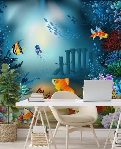 colorful sea life wallpaper mural called Underwater World for kids bedrooms and playrooms