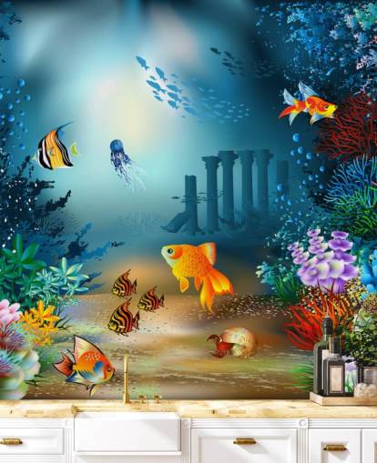 kleurrijke muurschildering met zeeleven genaamd Underwater World voor kinderkamers en speelkamers kleurrijke muurschildering met zeeleven genaamd Underwater World voor kinderkamers en speelkamers
