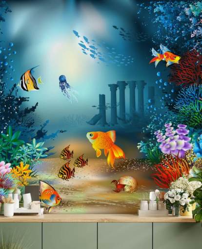 mural colorido de papel pintado de vida marina llamado Underwater World para dormitorios de niños y salas de juegos mural colorido de papel pintado de vida marina llamado Underwater World para dormitorios de niños y salas de juegos