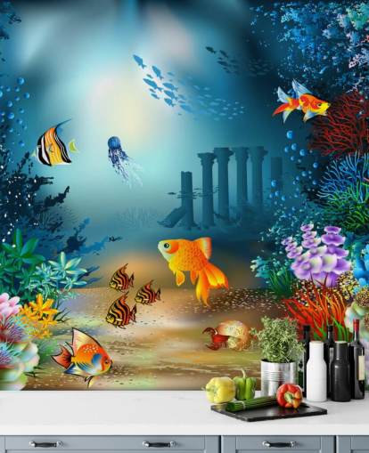 murale di carta da parati colorato con vita marina chiamato Underwater World per camerette e sale giochi per bambini