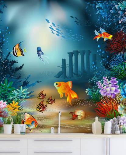 mural colorido de papel de parede de vida marinha chamado Underwater World para crianças, quartos e salas de jogos