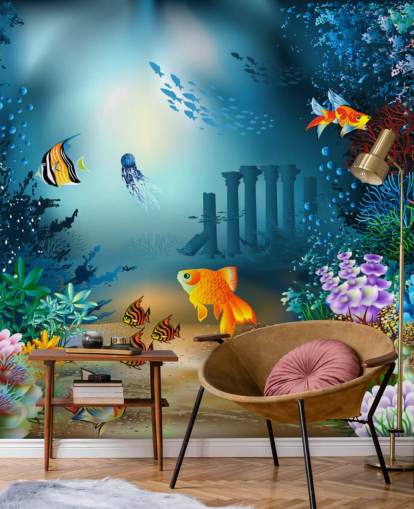 murale di carta da parati colorato con vita marina chiamato Underwater World per camerette e sale giochi per bambini murale di carta da parati colorato con vita marina chiamato Underwater World per camerette e sale giochi per bambini