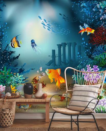 colorful sea life wallpaper mural called Underwater World for kids bedrooms and playrooms