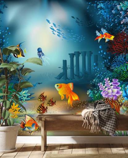 mural colorido de papel pintado de vida marina llamado Underwater World para dormitorios de niños y salas de juegos mural colorido de papel pintado de vida marina llamado Underwater World para dormitorios de niños y salas de juegos