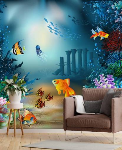 mural colorido de papel de parede de vida marinha chamado Underwater World para crianças, quartos e salas de jogos mural colorido de papel de parede de vida marinha chamado Underwater World para crianças, quartos e salas de jogos