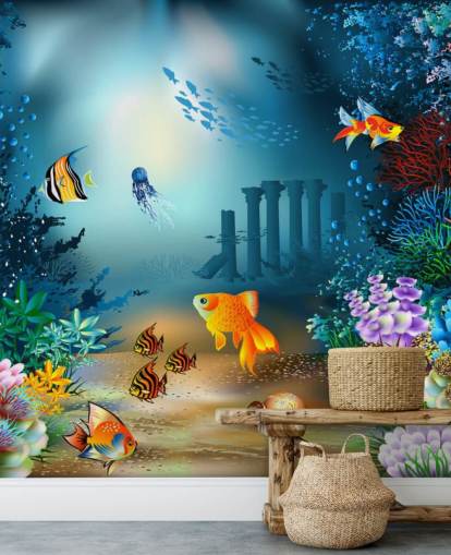 colorful sea life wallpaper mural called Underwater World for kids bedrooms and playrooms