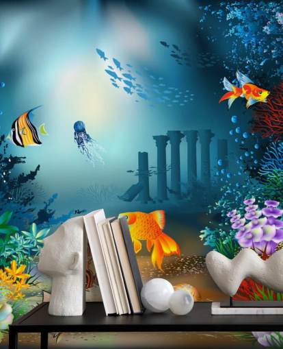 färgglada havsliv tapetväggmålning som heter Underwater World för barnens sovrum och lekrum färgglada havsliv tapetväggmålning som heter Underwater World för barnens sovrum och lekrum