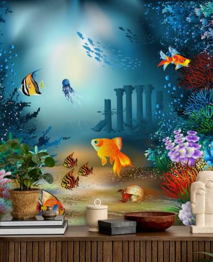 colorful sea life wallpaper mural called Underwater World for kids bedrooms and playrooms