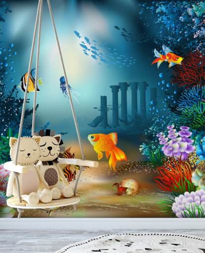 mural colorido de papel pintado de vida marina llamado Underwater World para dormitorios de niños y salas de juegos