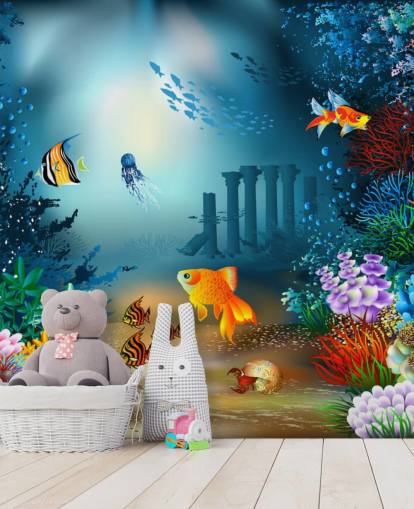 murale di carta da parati colorato con vita marina chiamato Underwater World per camerette e sale giochi per bambini murale di carta da parati colorato con vita marina chiamato Underwater World per camerette e sale giochi per bambini