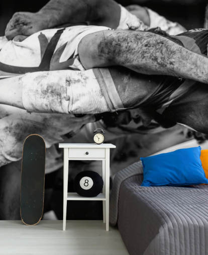 black and white custom rugby wallpaper mural called Rugby Scrum for child's bedroom