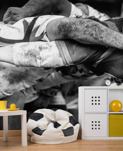 mural de papel de parede de rugby personalizado em preto e branco chamado Rugby Scrum para quarto de criança