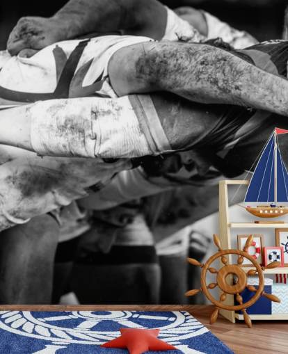 schwarz-weißes individuelles Rugby-Tapeten-Wandbild namens Rugby Scrum für das Kinderzimmer