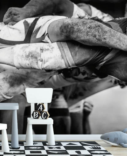 papier peint mural de rugby personnalisé noir et blanc appelé Rugby Scrum pour chambre d'enfant