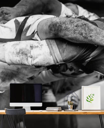 zwart-witte rugbybehangmuurschildering op maat genaamd Rugby Scrum voor de kinderkamer