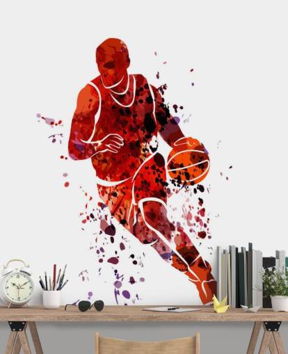 Basketbal aquarel muurschildering 