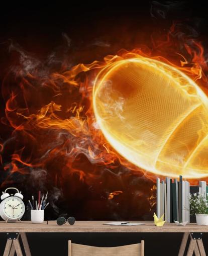 mural de papel pintado negro y naranja de la NFL llamado This Ball is On Fire para dormitorios de adolescentes, cuevas de hombres y oficinas en casa