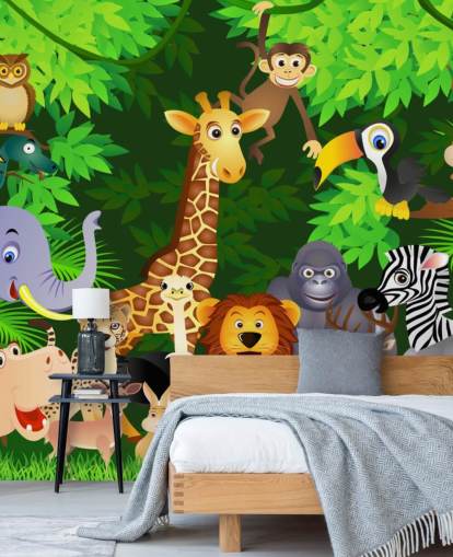 Buntes personalisierbares Cartoon-Tapetentapete mit dem Titel Tiere im Dschungel für das Kinderzimmer