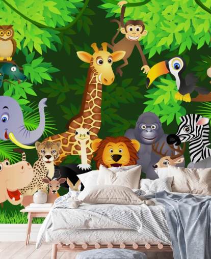 carta da parati murale colorata personalizzabile con animali dei cartoni animati chiamata Animals in the Jungle per la cameretta dei bambini