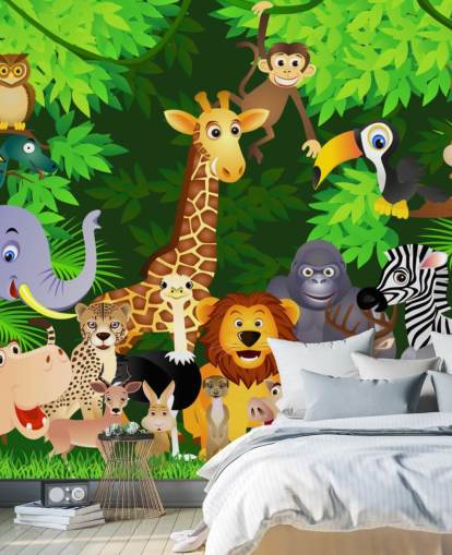 farverigt tilpassbart tegneserie dyretapet vægmaleri kaldet Animals in the Jungle til børns soveværelse