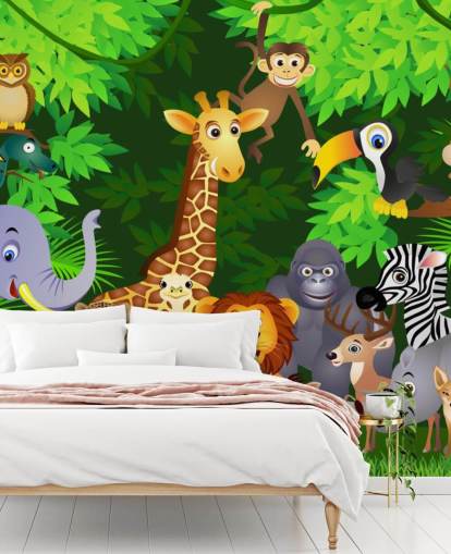 Buntes personalisierbares Cartoon-Tapetentapete mit dem Titel Tiere im Dschungel für das Kinderzimmer