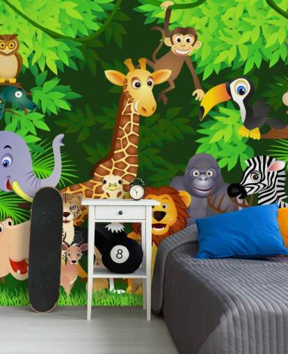 colourful customisable cartoon animal wallpaper mural called Animals in the Jungle for child's bedroom colourful customisable cartoon animal wallpaper mural called Animals in the Jungle for child's bedroom