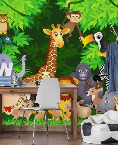 colourful customisable cartoon animal wallpaper mural called Animals in the Jungle for child's bedroom