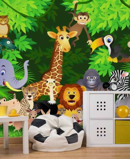 farverigt tilpassbart tegneserie dyretapet vægmaleri kaldet Animals in the Jungle til børns soveværelse