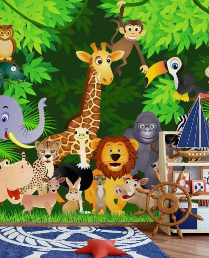 fargerikt tilpassbart tegneserie dyretapet veggmaleri kalt Animals in the Jungle for barnas soverom