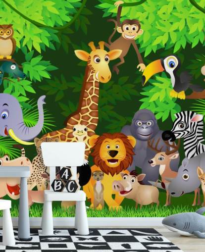 Buntes personalisierbares Cartoon-Tapetentapete mit dem Titel Tiere im Dschungel für das Kinderzimmer