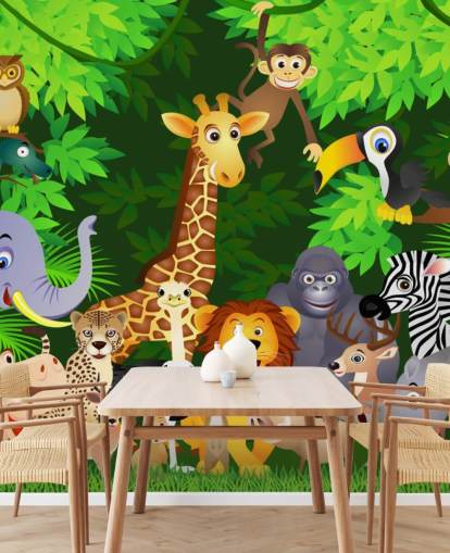 colorido mural de papel pintado de animales de dibujos animados personalizable llamado Animales en la jungla para dormitorio infantil