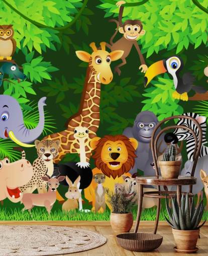 colorido mural de papel pintado de animales de dibujos animados personalizable llamado Animales en la jungla para dormitorio infantil