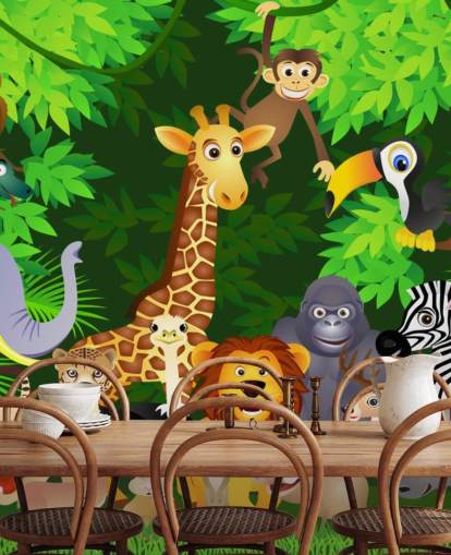 colorido mural de papel pintado de animales de dibujos animados personalizable llamado Animales en la jungla para dormitorio infantil colorido mural de papel pintado de animales de dibujos animados personalizable llamado Animales en la jungla para dormitorio infantil