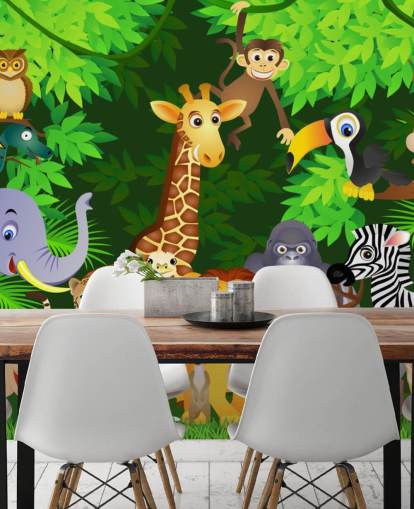 colorful customizable cartoon animal wallpaper mural called Animals in the Jungle for child's bedroom