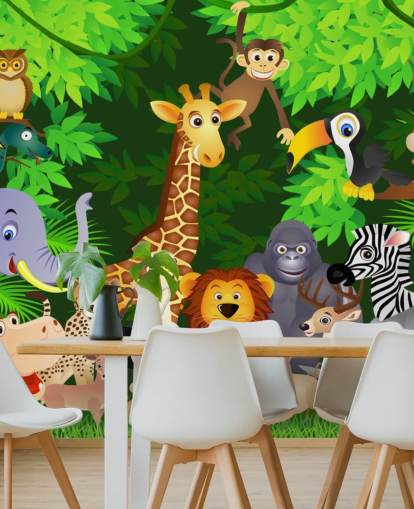 colorido mural de papel pintado de animales de dibujos animados personalizable llamado Animales en la jungla para dormitorio infantil colorido mural de papel pintado de animales de dibujos animados personalizable llamado Animales en la jungla para dormitorio infantil
