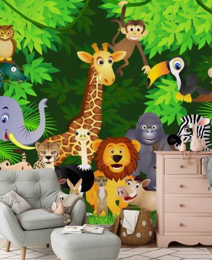 fargerikt tilpassbart tegneserie dyretapet veggmaleri kalt Animals in the Jungle for barnas soverom