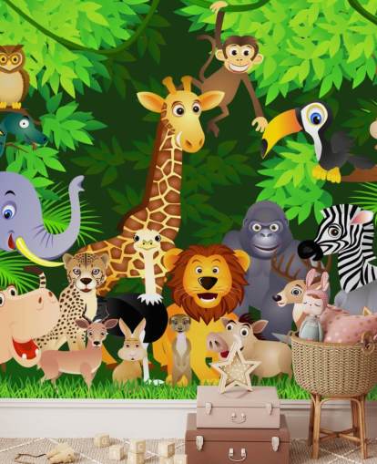 Buntes personalisierbares Cartoon-Tapetentapete mit dem Titel Tiere im Dschungel für das Kinderzimmer